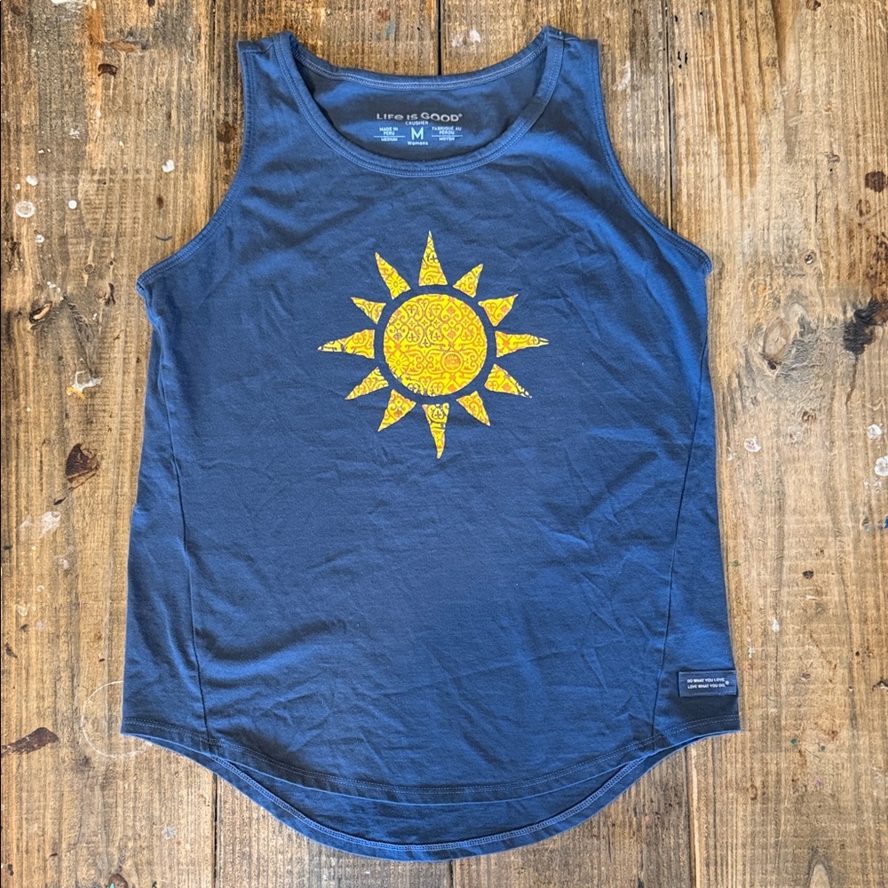 Life Is Good Navy Tank with Yellow Sun Graphic
